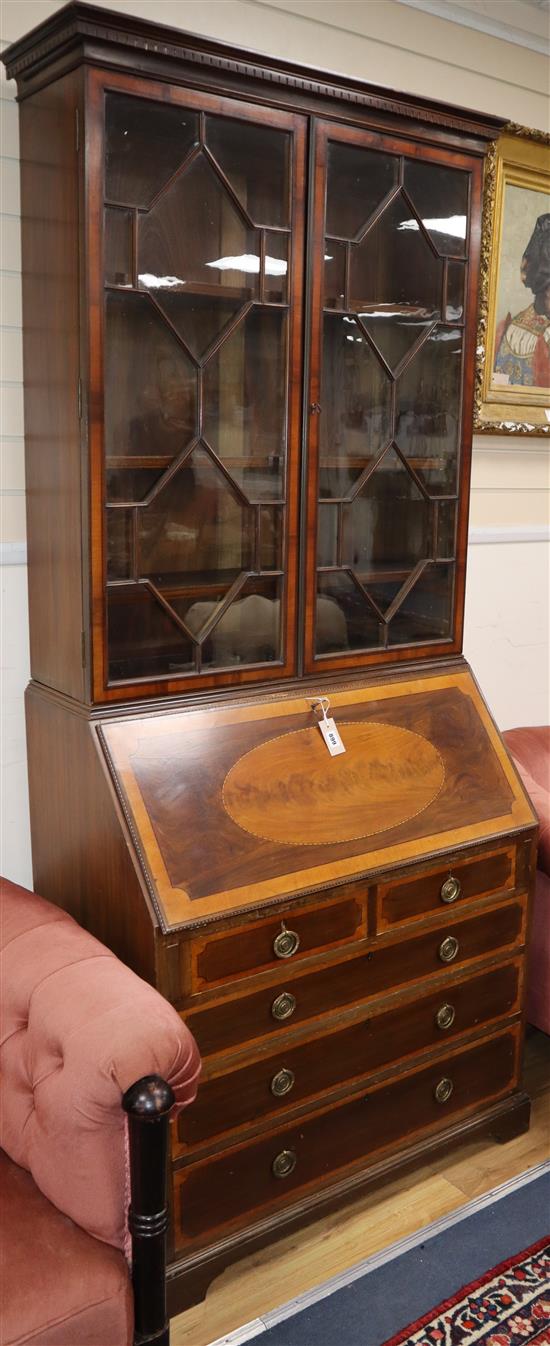 A 1920s Georgian design satinwood banded mahogany bureau bookcase W.90cm